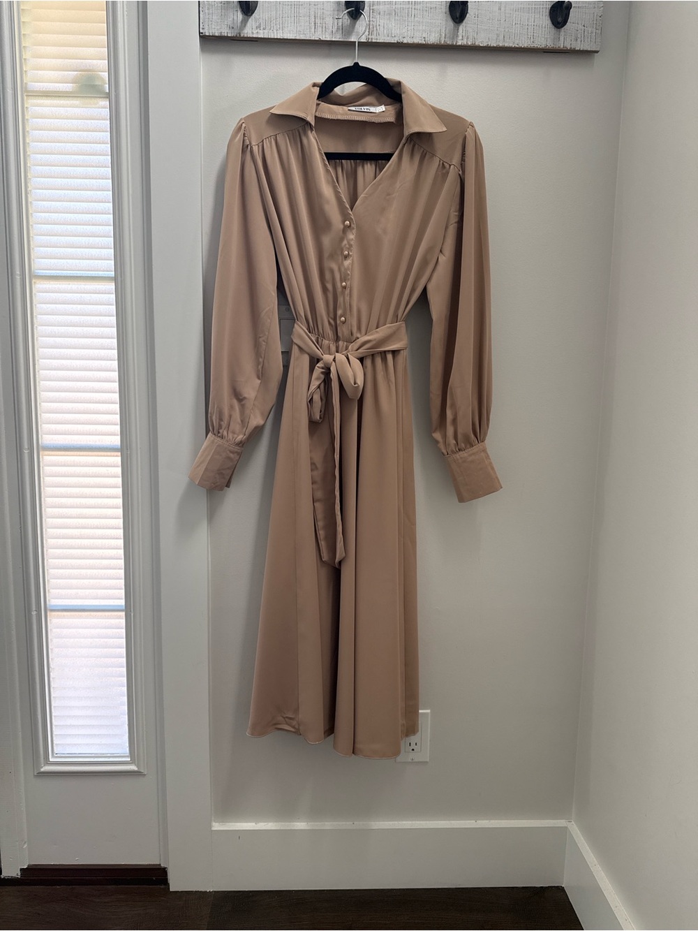 Tie-Waist Midi Shirt Dress in Taupe